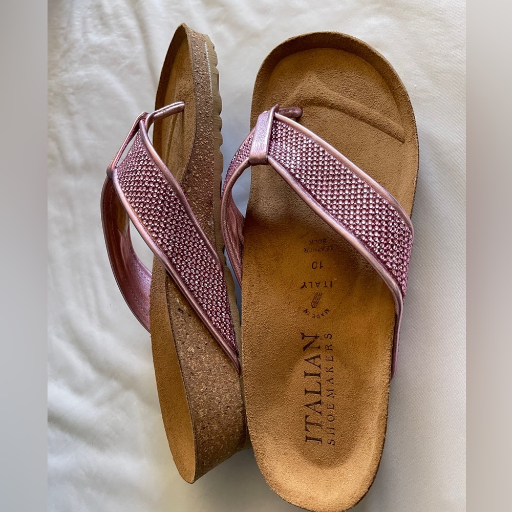 Metallic Pink, Shimmery Italian Shoemakers Cork Wedge Thong Sandals 1.5” H
NWOT